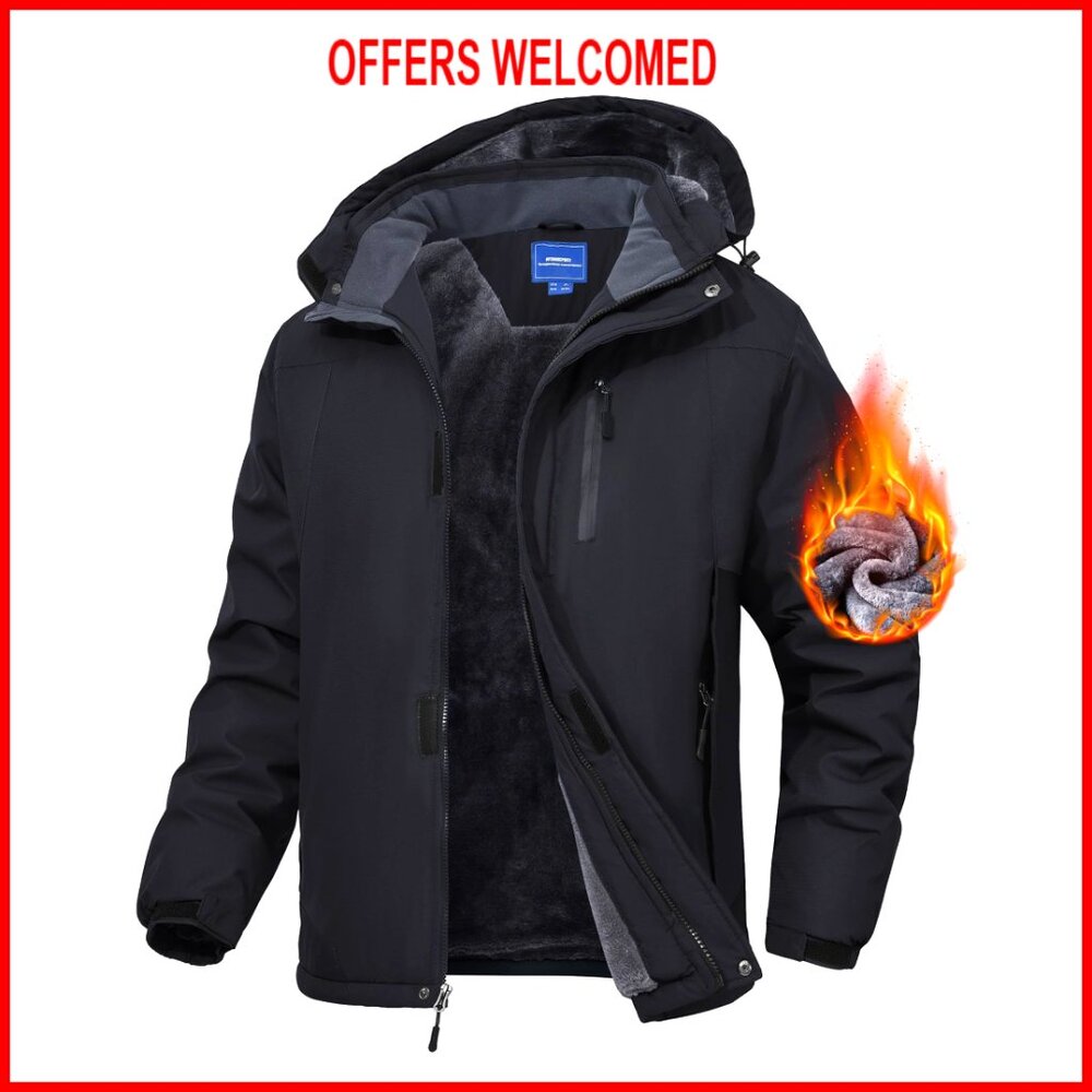 Men's Waterproof Ski Jacket with Fleece Liner Windproof Hooded Winter Coat